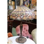 Large Tiffany style leaded table lamp with reeded base