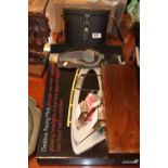 Boxed Desktop Racing Minis, Pair of cased Binoculars, Slate carving & a carving set