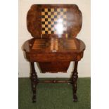 Good quality Victorian games table with quartered veneer, inlaid to interior and sewing base over