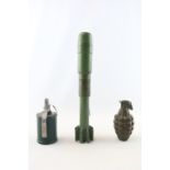 A Interesting Military Rocket, Wooden practice grenade and a pineapple grenade (all items inert)