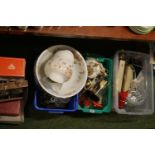 3 Boxes of assorted Ceramics and bygones inc. Aynsley Dial Telephone, Oak Tantalus etc