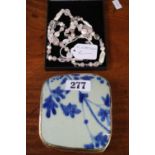 White Metal Bound box with Blue and White Pottery lid and a Quartz still necklace