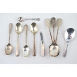 Collection of 19thC Silver Spoons and a Mother of Pearl Silver bladed fruit knife 122g total weight