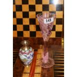 Good quality European pink glass goblet and an enamelled Brass Indian vase
