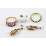 Ladies 9ct Gold Stone set ring, another stone set ring and 2 pairs of earrings