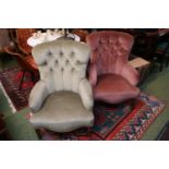 2 Matched button back upholstered low elbow chairs on turned legs