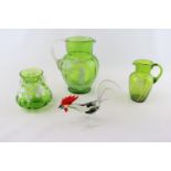 Collection of Late Victorian Green coloured glassware in Mary Gregory style and a European glass