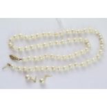 Ladies Cultured Pearl Necklace on 14K gold clasp and a Pair of 9ct Gold mounted Cultured Pearl