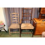 19thC Country Chair with spindle back and rush seat and a Ladderback chair with panel seat