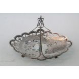 Chinese Tuck Chang Silver Dragon decorated Pierced oval dish with wire handle handle 102g total