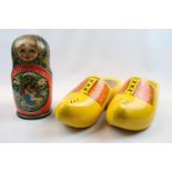 Pair of Hand Painted Clogs size 46 from Skinwood and a Russian Hand painted Doll