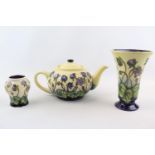 Moorcroft floral decorated Teapot and 2 vases impressed marks to base