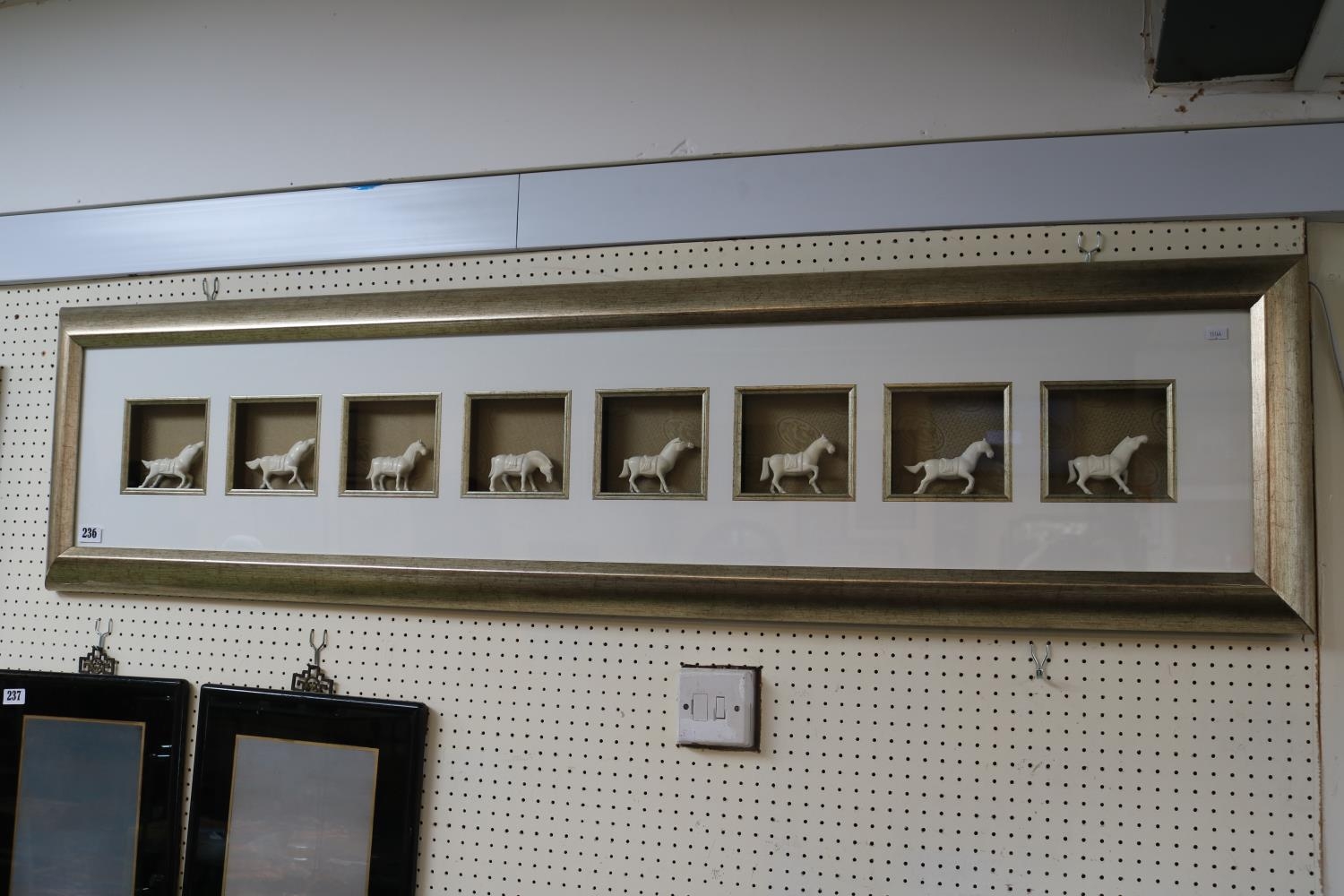 Framed Set of 8 Ox Bone Asian Horses