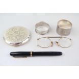 Collection of assorted bygones inc. Compact, Silver Napkin ring, Yellow metal spectacles etc