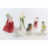 Royal Crown Derby Rabbit Paperweight, 3 Doulton figures and 2 Karl Ens figures of Kingfisher and