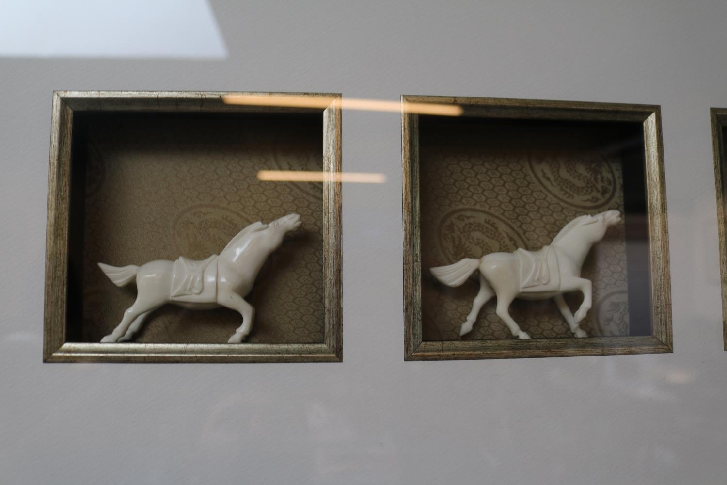 Framed Set of 8 Ox Bone Asian Horses - Image 2 of 3