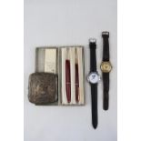 Early 20th C Silver engraved Cigarette case 92g total weight, Bakobe wristwatch and assorted bygones