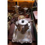 19thC Scallop edged tray, Teapot and assorted Silver plated Tea ware