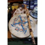 Irish Bodhran Drum, Carved walking stick and a African Skin Shield