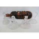 4 Crystal figures of a Seahorse, Owl, Dolphin and Tiger with a Hardwood carved mask