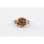 14K Gold Ladies Rose design ring with inset Ruby Size P. 7.5g total weight
