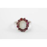 Ladies Ruby & Moonstone cluster ring on white metal Size M. 3.2g total weight