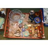 Tray of assorted Glassware and bygones inc. Brass Lancaster Bomber, Royal Brierley Bowl etc