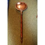 19thC Copper Warming Pan with engraved floral decoration and turned handle