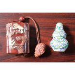 Carved Wooden 4 Part Japanese Inro with Carved bone Monkey decoration and with Snail Netsuke and