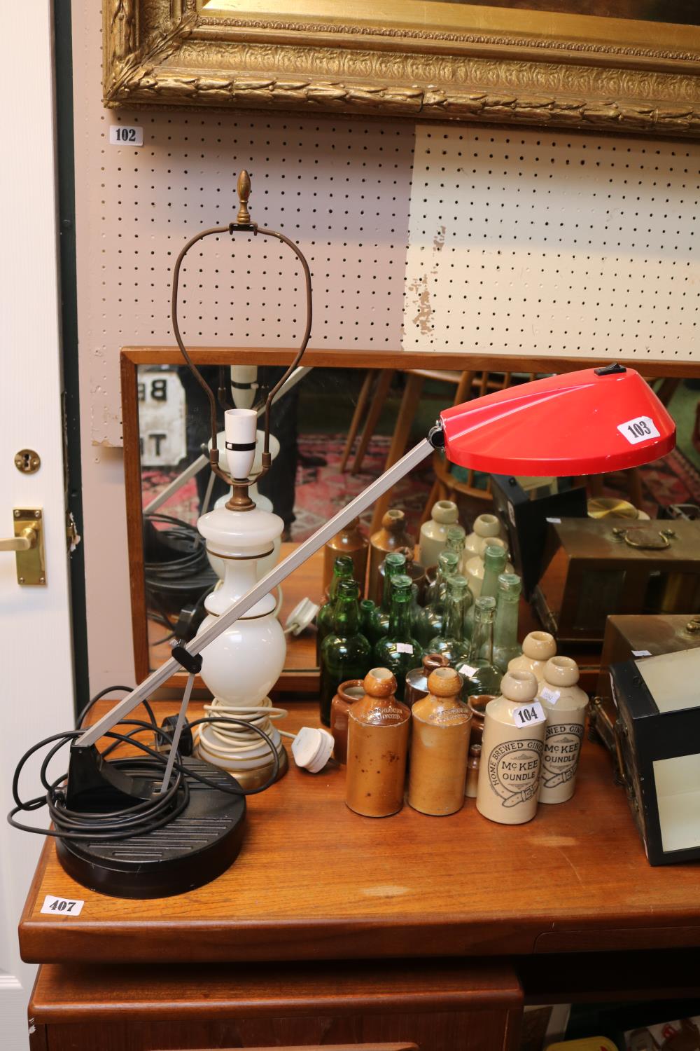Retro Anglepoise desk lamp and a Vaseline glass table lamp