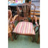 Georgian Walnut Lyre backed Elbow chair with upholstered removable seat over straight stretcher