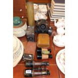 Collection of Binoculars, Cameras, Gas Mask, Brass Shell etc