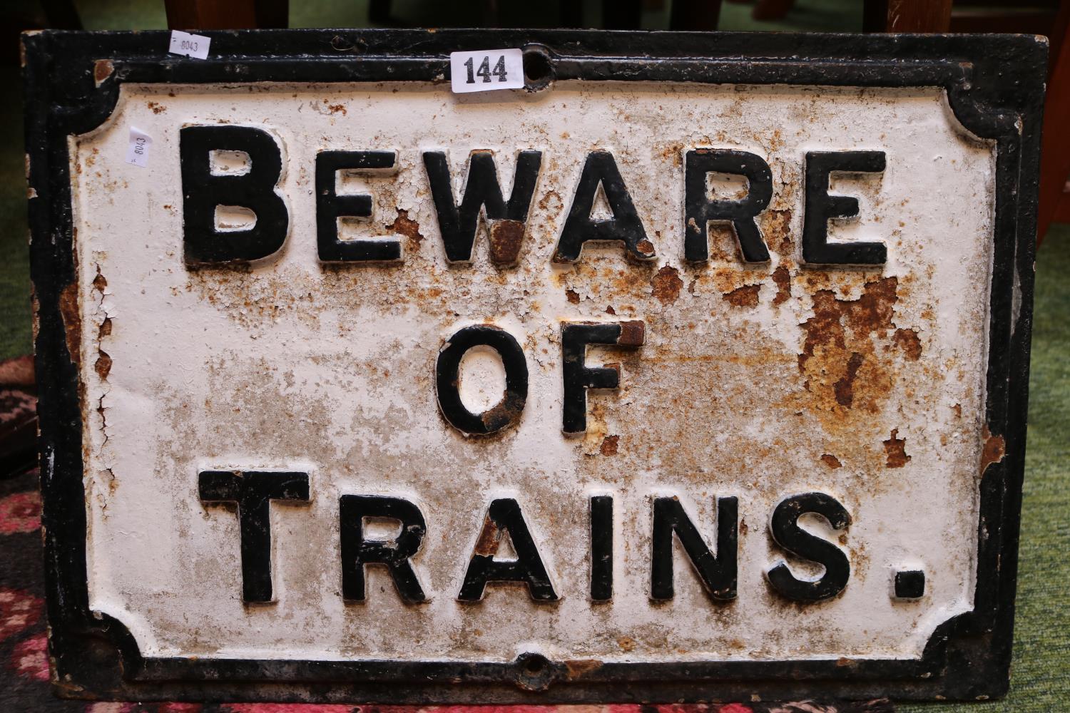 Antique Cast Iron Beware of Trains Sign 56 x 38cm