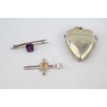 Good Quality Silver stone set cross, Stone Set Bar brooch and a Heart Shaped Silver plated Heart