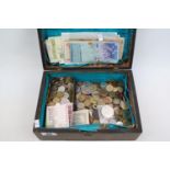 Collection of assorted World Coins and Bank Notes in a wooden case