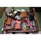 Tray of assorted Bygones and and ceramics inc. Binoculars, Games etc