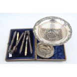 19thC Cased Set of Lobster Crackers and picks, Silver pierced Tea strainer and a Pieced 19thC Silver