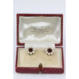 Pair of Fine Cased 9ct Gold Garnet and Pearl set cluster ring earrings