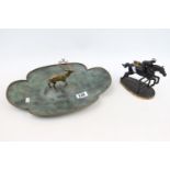 Metal desk Lighter in the form of a Racing Horse and a cloverleaf shaped table centrepiece with Stag