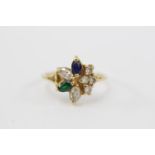 18ct Ladies Sapphire, Emerald and White stone set floral design ring Size N. 3.8g total weight