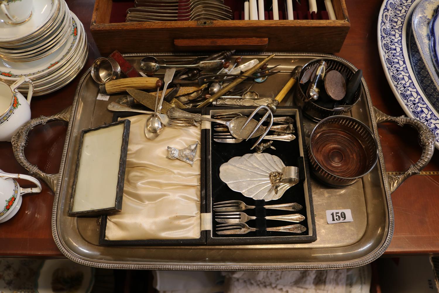 Large Two handled Silver plated Tea Tray and assorted Flatware