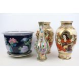 Famille Rose Chinese figural decorated two handled vase, Pair of Satsuma Vases and a 20thC Chinese