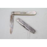 19thC Silver Mother of Pearl handled fruit knife and a Silver pocket knife with Steel Blade