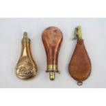 Collection of 3 Powder and Shot flasks inc. Copper, Brass and Tan Leather