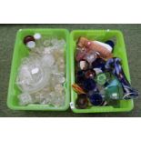2 Boxes of assorted Coloured and Clear glassware inc. Carnival glass boat, Art Glassware etc
