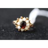 Ladies Almandine Garnet and Pearl set cluster ring Size K 2.8g total weight