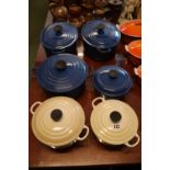 Collection of Blue & Cream Le Creuset pans inc. Casserole & other pots