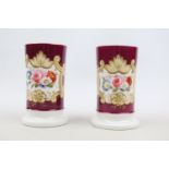 Pair of 19thC Hand painted Sleeve vases with floral decorated panels against Maroon background.