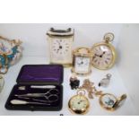 Collection of Desk clocks and a Edwardian Cased sewing set