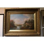 Large Gilded Heavily framed Oil on canvas of a countryside river scene monogrammed L R